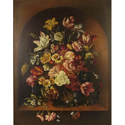 2133 - Still life flowers in a vase, Old Master style oil on board, bearing a signature Bara M, mounted and... 