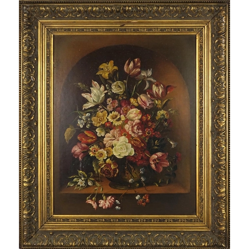 2133 - Still life flowers in a vase, Old Master style oil on board, bearing a signature Bara M, mounted and... 