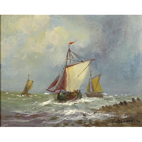 2202 - Fishing boats just off shore, oil on panel, bearing a signature Dongen, mounted and framed, 28.5cm x... 