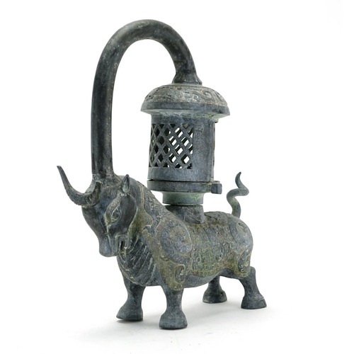 2176 - Chinese archaic style lantern in the form of a ox, with incised character marks, 40cm high