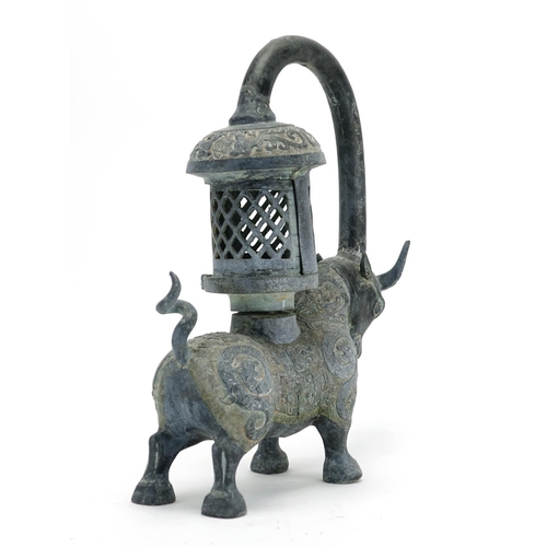 2176 - Chinese archaic style lantern in the form of a ox, with incised character marks, 40cm high