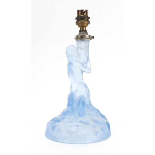 2186 - Art Deco frosted blue glass lamp base, modelled with a nude female, 27cm high