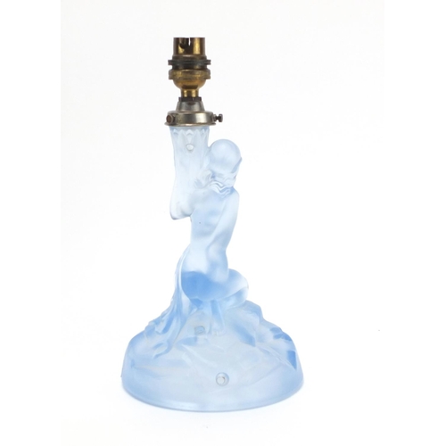 2186 - Art Deco frosted blue glass lamp base, modelled with a nude female, 27cm high
