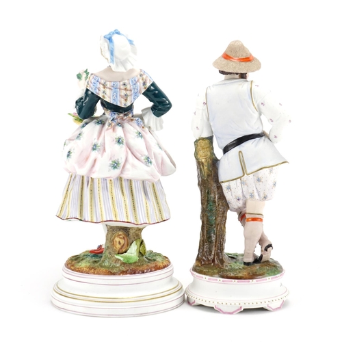 2206 - Pair of 19th century continental bisque figures including a flower seller, the largest 32cm high