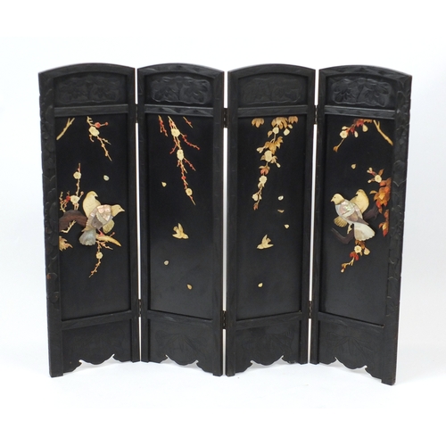 2022 - Chinese carved wooden four fold screen, with ivory and Mother of Pearl inlay, decorated with birds o... 