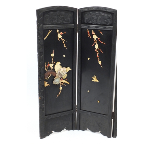 2022 - Chinese carved wooden four fold screen, with ivory and Mother of Pearl inlay, decorated with birds o... 