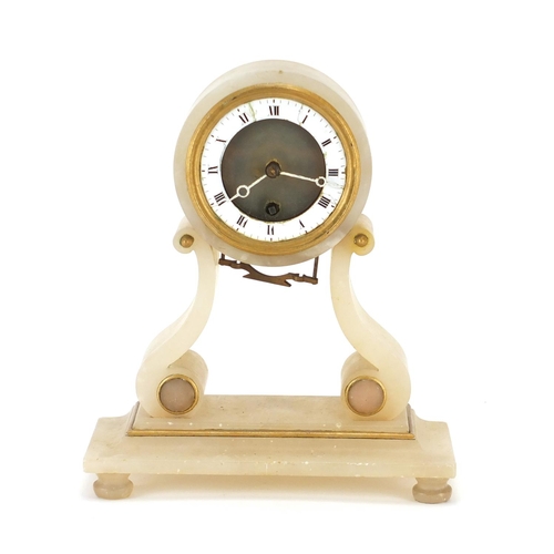 445 - Carved alabaster mantel clock with enamelled chapter ring, 24cm high