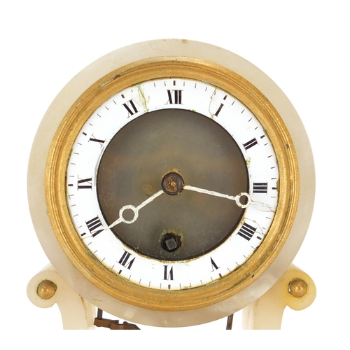 445 - Carved alabaster mantel clock with enamelled chapter ring, 24cm high