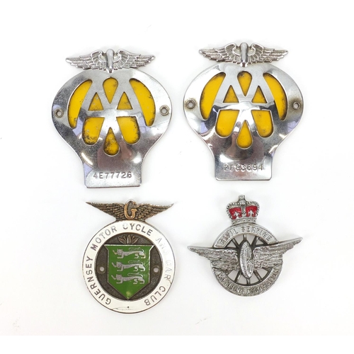 580 - Four vintage car radiator badges including Guernsey Motorcycle and Car Club, Civil Service Motoring ... 