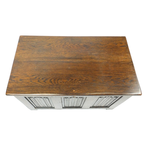 42 - Carved oak linen fold blanket box, 55cm H x 91cm W x 53cm D