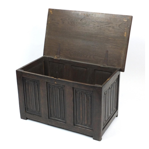 42 - Carved oak linen fold blanket box, 55cm H x 91cm W x 53cm D
