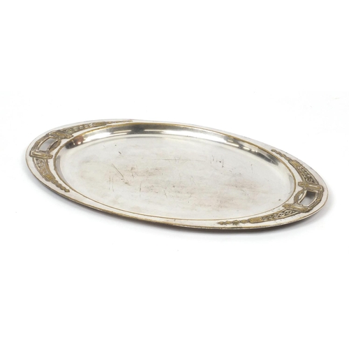 470 - Arts & Crafts silver plated twin handled tray, 55cm wide