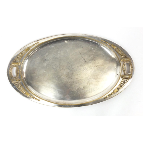 470 - Arts & Crafts silver plated twin handled tray, 55cm wide