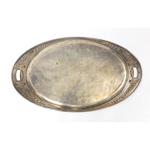 470 - Arts & Crafts silver plated twin handled tray, 55cm wide