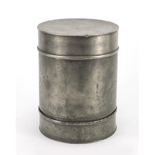 127 - Chinese pewter cylindrical canister, engraved with dragons, 19cm high x 14cm in diameter