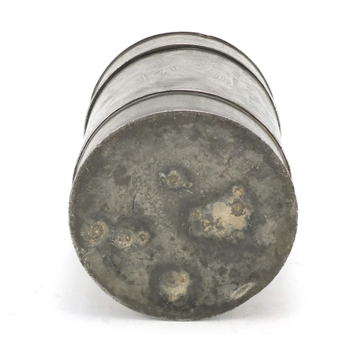 127 - Chinese pewter cylindrical canister, engraved with dragons, 19cm high x 14cm in diameter