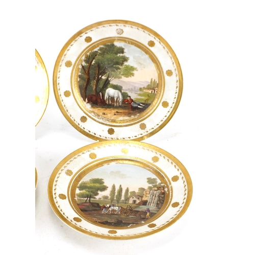 140 - Four 19th century continental porcelain plates hand painted with pastoral scenes, 21.5cm in diameter