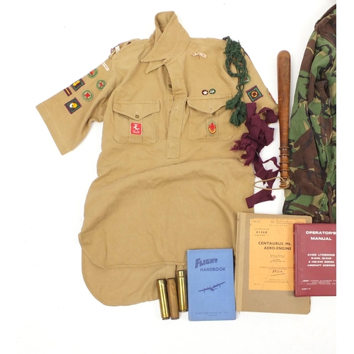 895 - Militaria including a camo tunic, turned wooden truncheon, a Centaurus mark 18 aero engine log book ... 