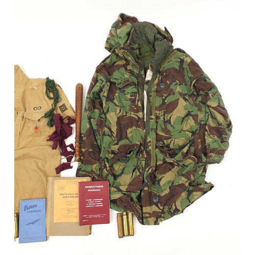 895 - Militaria including a camo tunic, turned wooden truncheon, a Centaurus mark 18 aero engine log book ... 