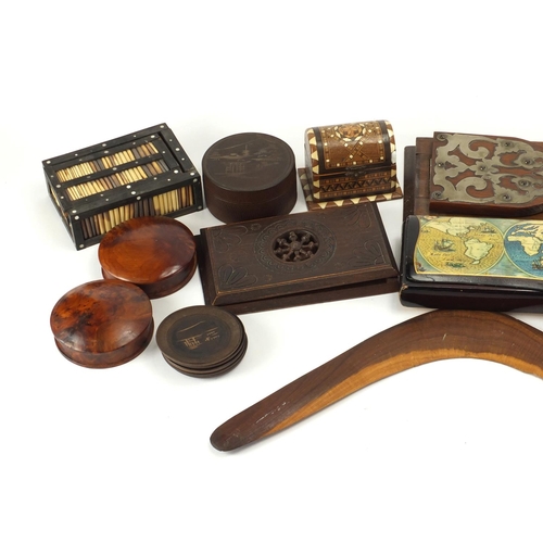 221 - Treen including to extending book slides, porcupine quill box and a 1960's Aboriginal boomerang