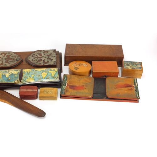 221 - Treen including to extending book slides, porcupine quill box and a 1960's Aboriginal boomerang