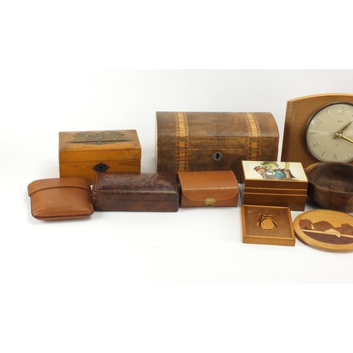 217 - Miscellaneous items including a Hummel Reuge music box, Smith's eight day mantel clock, leather and ... 