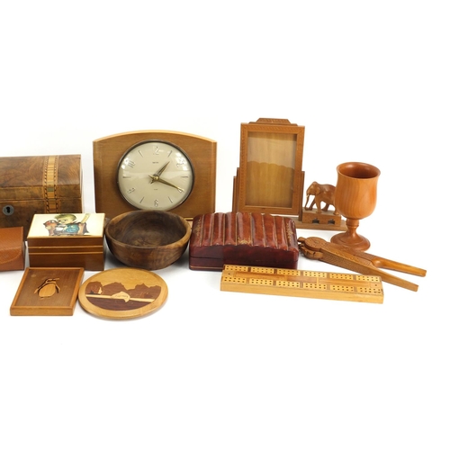 217 - Miscellaneous items including a Hummel Reuge music box, Smith's eight day mantel clock, leather and ... 