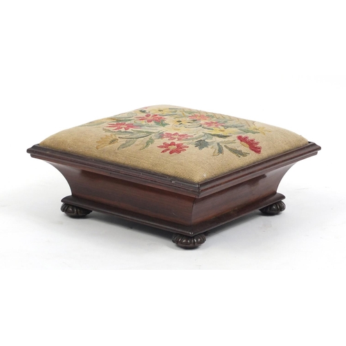 11 - Victorian rosewood foot stool with floral upholstery, 16.5cm H x 38cm W X 38cm D