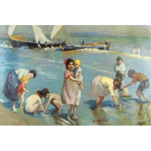 53 - Figures by the sea, beach scene, Spanish school oil on board, bearing a signature Agailar, mounted a... 