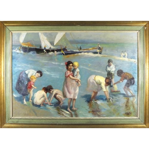 53 - Figures by the sea, beach scene, Spanish school oil on board, bearing a signature Agailar, mounted a... 