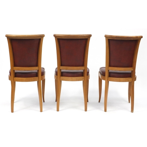 67 - Set of six Art Deco light wood dining chairs, with leather  seats and backs, 95cm high