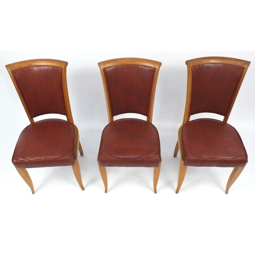 67 - Set of six Art Deco light wood dining chairs, with leather  seats and backs, 95cm high