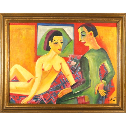 93 - Two figures in an interior, German expressionist oil on board, bearing an indistinct signature possi... 