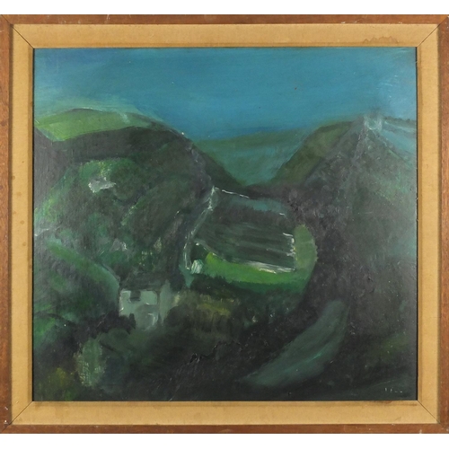 95 - Abstract composition, green landscape, oil on board, bearing a signature Bell, mounted and framed, 5... 