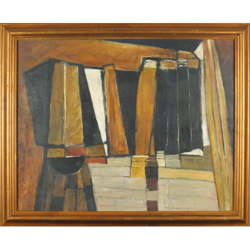 97 - Abstract composition, Modern British oil, bearing an inscription verso, framed, 49.5cm x 40cm