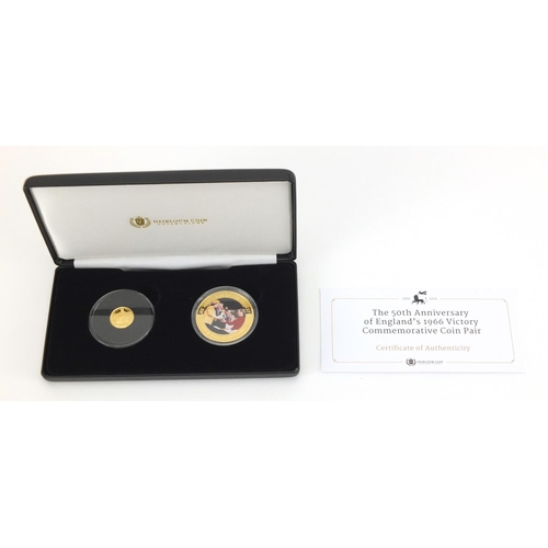 2316 - 50th Anniversary of England 1966 commemorative coin pair including a 9ct gold one crown, with certif... 