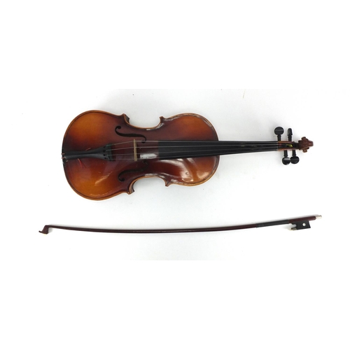 150 - Wooden violin and bow, with fitted protective case