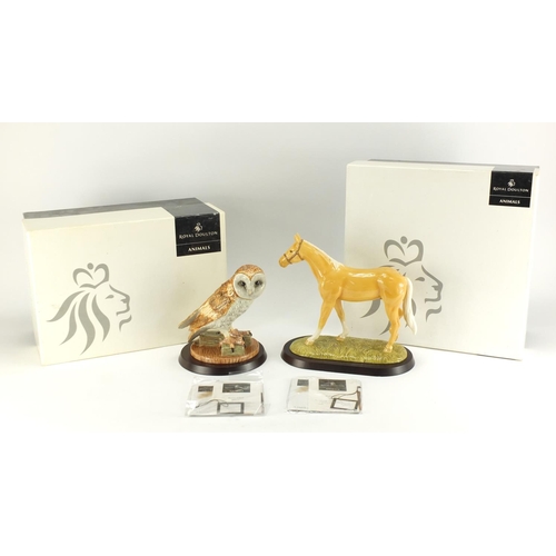 2185 - Two Royal Doulton animals with stands and boxes, Palomino RDA 31 and Barn Owl RDA 37, the largest 22... 