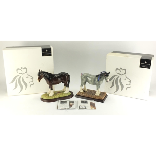 2112 - Two Royal Doulton horses with stands and boxes, Clydesdale RDA 55 and Shire RDA 26, the largest 21cm... 