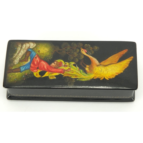 2286 - Russian papier-mâché box hand painted with a man and bird, 15.5cm wide