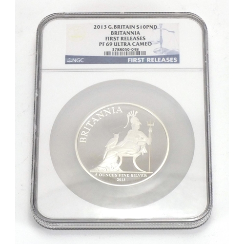 2320 - 2013 Britannia five ounce silver proof first stripe coin, numbered 2657, with certificates and fitte... 