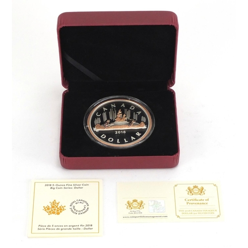 2325 - 2018 Canada voyager five ounce silver dollar, with certificate, case and box