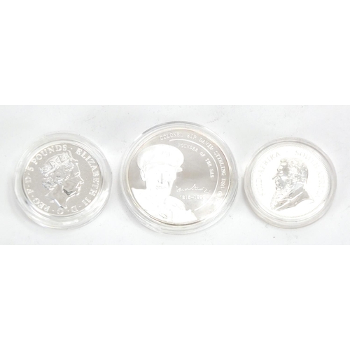 2332 - Three silver proof coins with cases, SAS David Stirling, 2017 50th Anniversary one ounce Krugerrand ... 