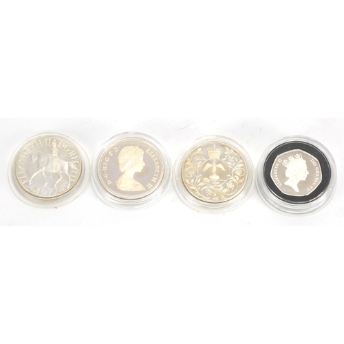 2331 - Four silver proof coins, three 1977 crowns and silver proof piedfort fifty pence