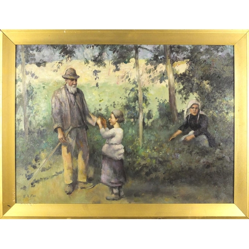 201 - Three figures in woodland, St Ives school oil on board, bearing a signature E R Fox, framed, 53.5cm ... 