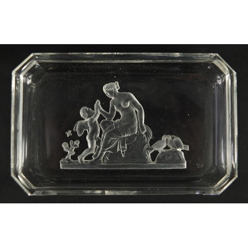 442 - Baccarat glass dish with canted corners, etched with a semi nude maiden and cupid, 12.5cm x 8cm