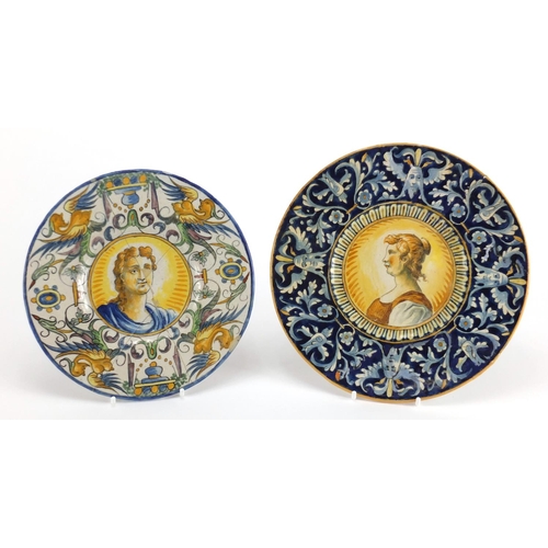 446 - Two antique Italian Cantagalli plates, each hand painted with a central portrait within classical bo... 