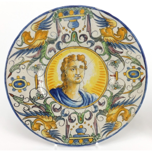 446 - Two antique Italian Cantagalli plates, each hand painted with a central portrait within classical bo... 