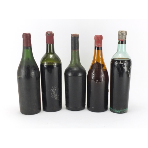 453 - Five bottles of alcohol including Chateau Brane-Cantenac Medoc 1940 and Chateau Nenin Pomerol 1945