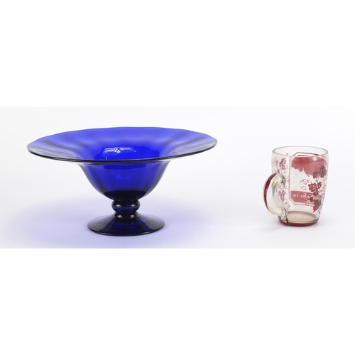 156 - Bohemian ruby flashed glass cup an blue glass pedestal bowl